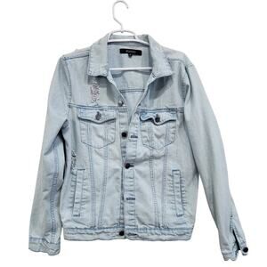 Elwood Distressed Denim Coat Trucker Jacket in Light Wash Size Medium